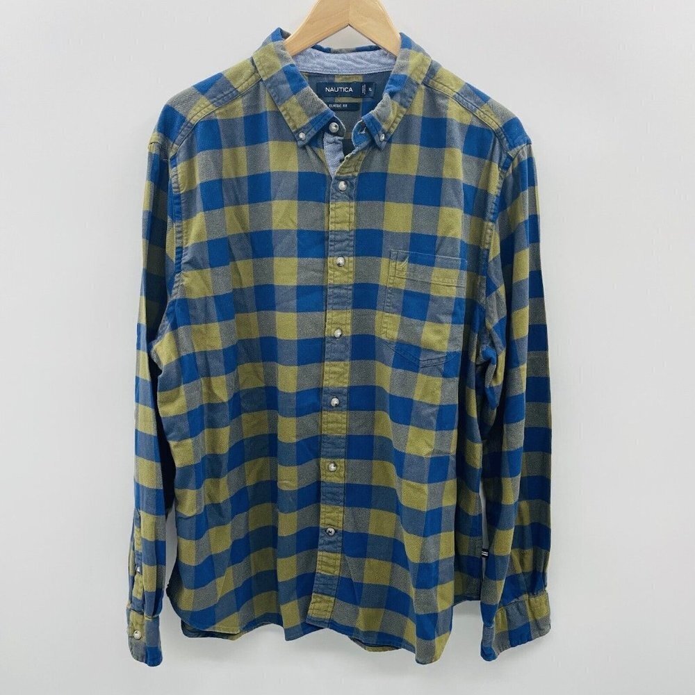 Nautica Mens XL Classic Fit Flannel Plaid Button Down Casual Shirt in Blue/Green